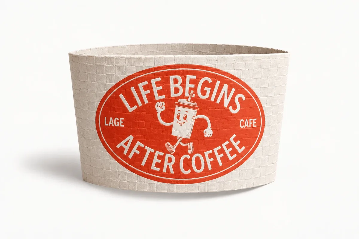 White textured premium embossed coffee sleeve printed with an orange Lage Cafe logo