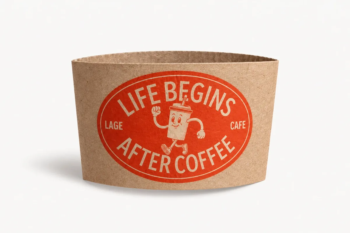 Kraft corrugated coffee sleeve printed with an orange Lage Cafe logo